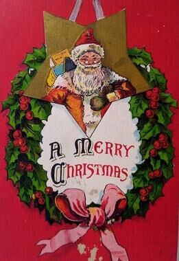 Santa Claus Saint Nicholas Christmas Postcard Hanging Inside Wreath Series 1164